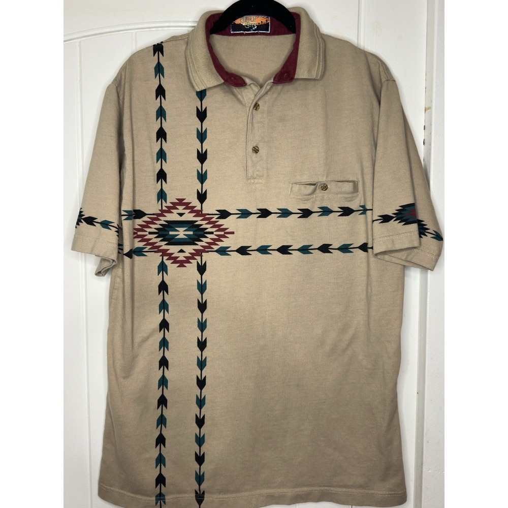 VINTAGE Cripple Creek Aztec Shirt Mens Medium Short Sleeve Polo Western Navajo
